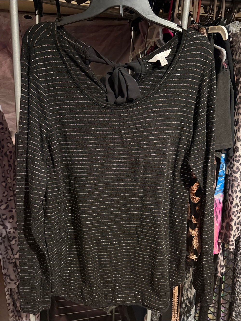 LC Lauren Conrad Black Metallic Stripe Long-Sleeve Tie-Back Top